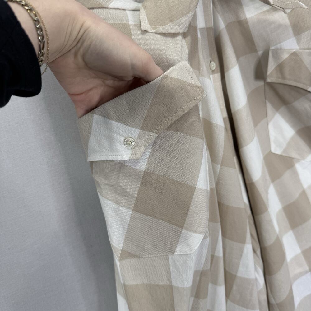 Sara Roka Drake Belted Dress‎ Womens 40 Beige Linen Gingham Shirt Midi Cottage - Picture 4 of 16